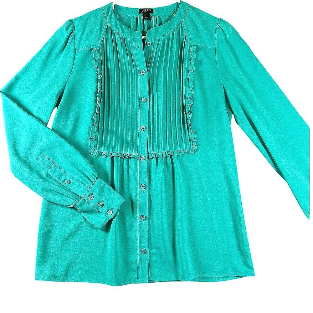J.Crew Teal Pintuck Ruffle Button Front Blouse Size 4